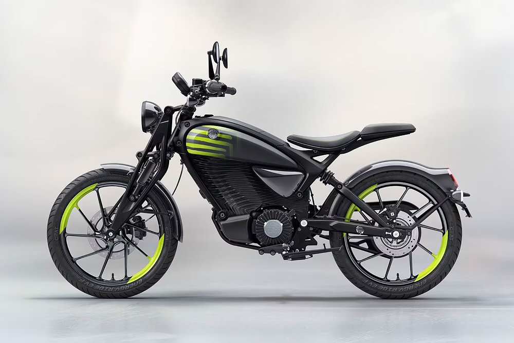 A studio image of Royal Enfield's Flying Flea C6 electric motorcycle.