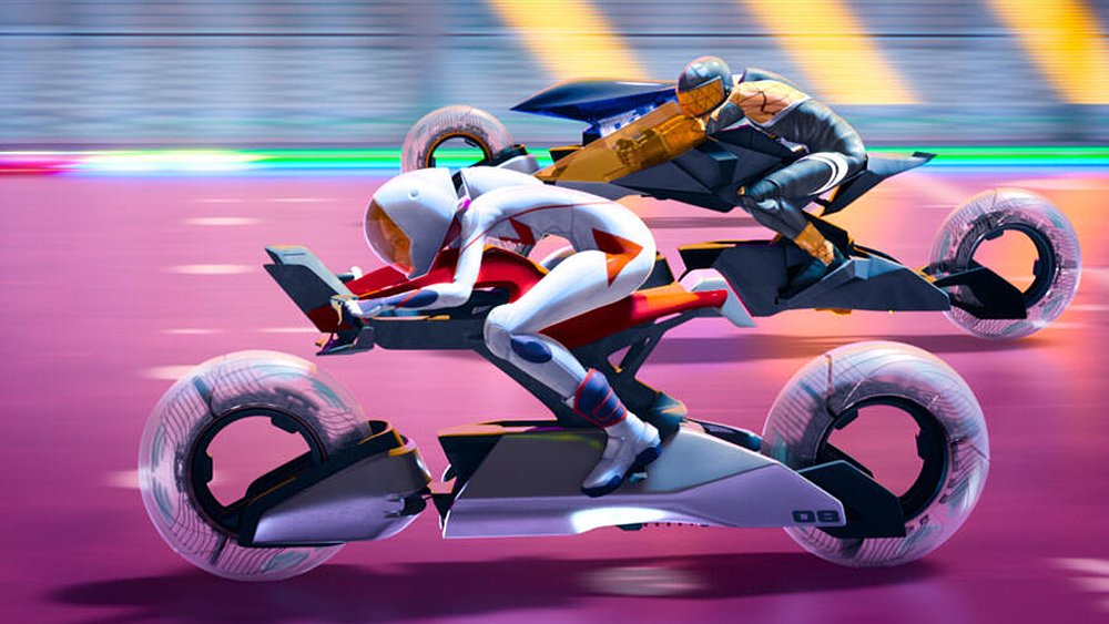 A production still of Amarin Lu, a superstar Grand Prix racer, battling rivals on the racetrack. 