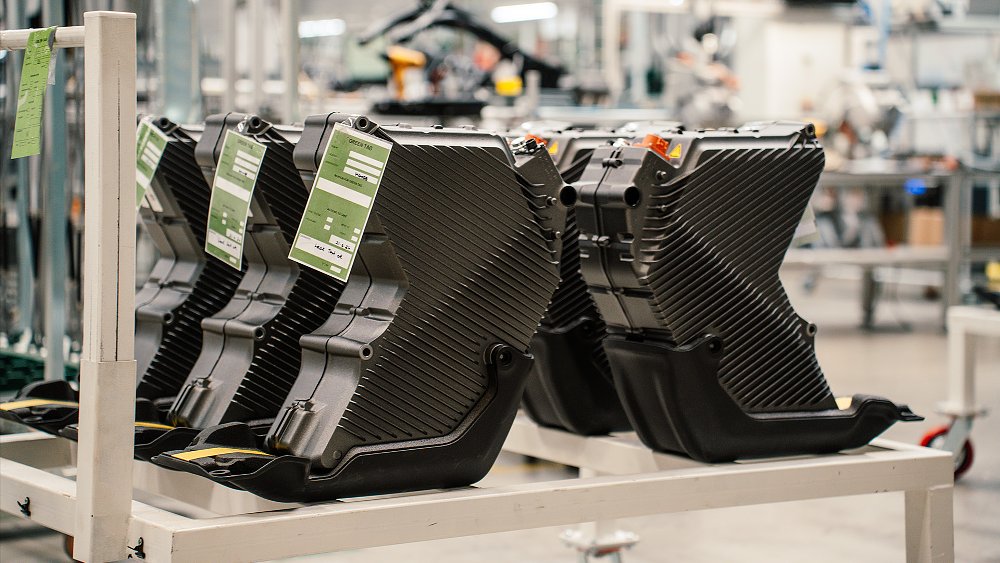 The VARG EX's 7.2 kWh batteries sit on a bench at the Stark Future factory.