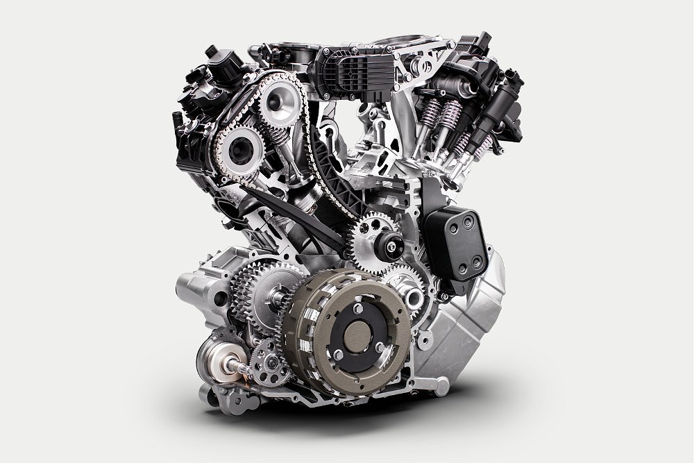 The KTM LC8 V-twin engine pictured with a white background.