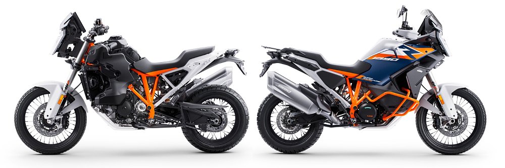 The KTM 1390 Super Adventure R pictured with and without its bodywork.