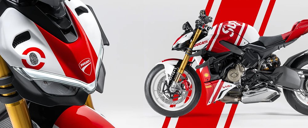 A close up and left side shot of the Supreme-branded Ducati Streetfighter V4.
