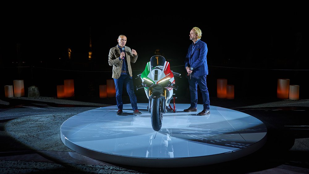 Ducati executives unveil the Panigale V4 Tricolore at Art Basel 2024 in Miami.