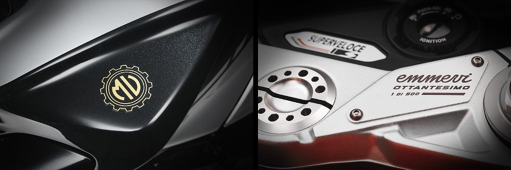 Close-up images of the MV Agusta's Ottantesimo Collection's branding and series production badge.