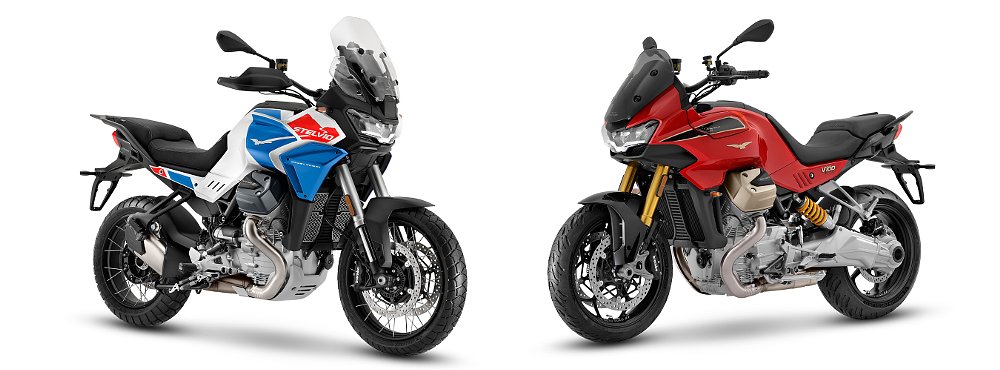The Moto Guzzi Stelvio Duecento Tributo and V 100 Mandello Wind Tunnel pictured with a white background. 