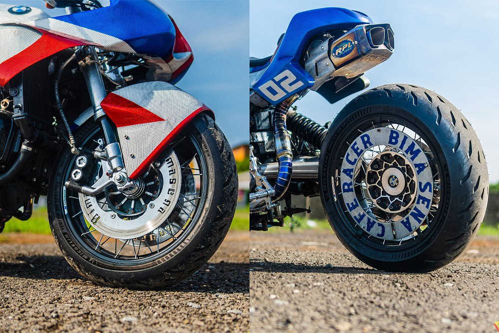 views of front and rear wheels showing front brakes and rear suspension