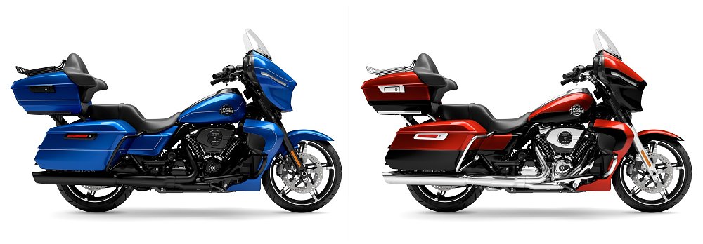 a blue Street Glide Ultra with blacked out exhaust and engine on left and a red-and-black Ultra with chrome parts on right