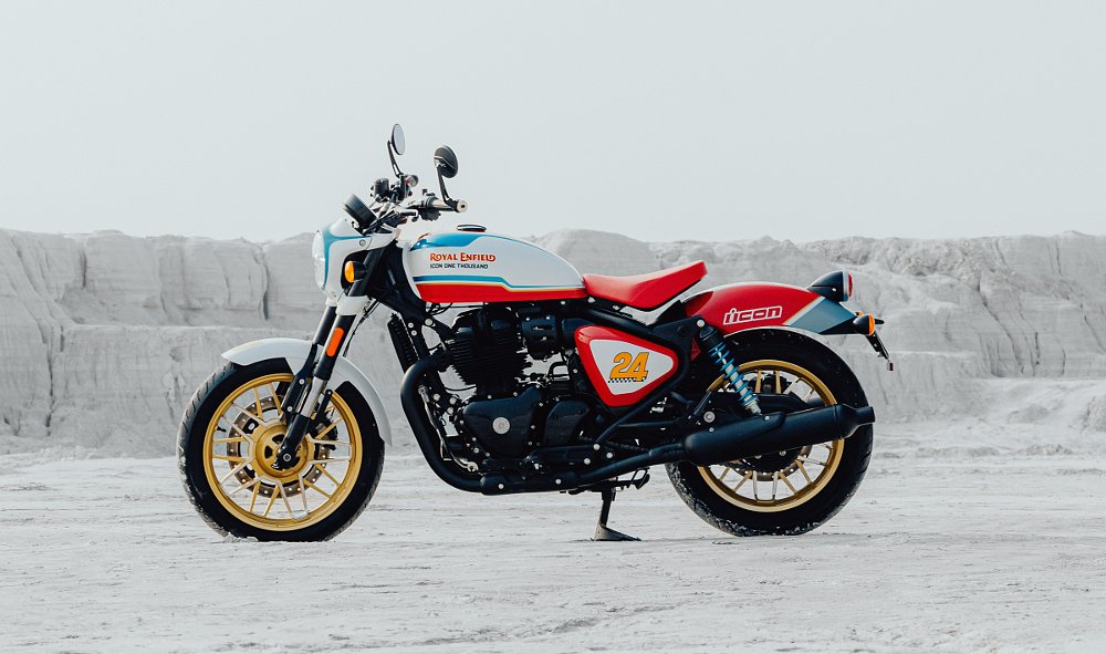 left side view of the Royal Enfield custom parked on the salt flats