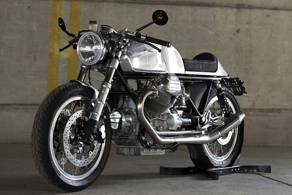 silver colored Moto Guzzi custom parked