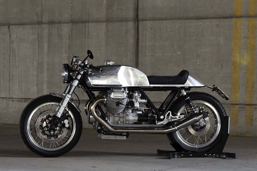 side view of the Moto Guzzi showing its sharp straight lines