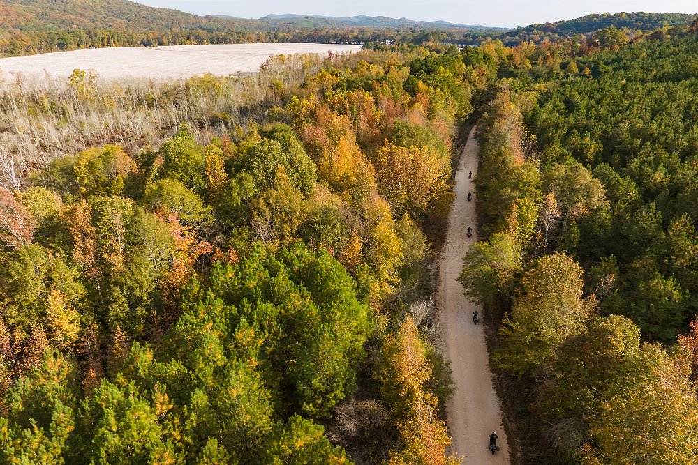 A bird's eye view of the group riding a trail on the South East BDR.