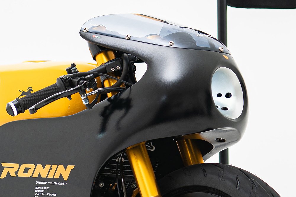 studio close up of black vintage-style front fairing