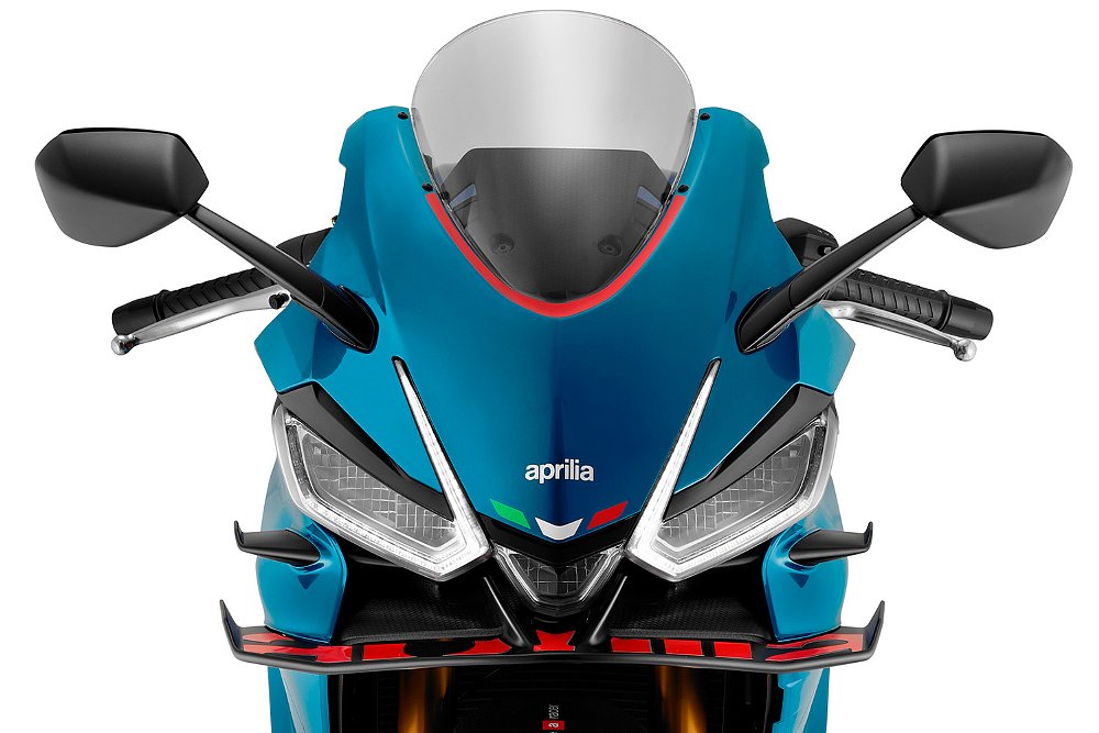 A view of the 2025 Aprilia RS 660's front fairing and aerodynamic winglets.
