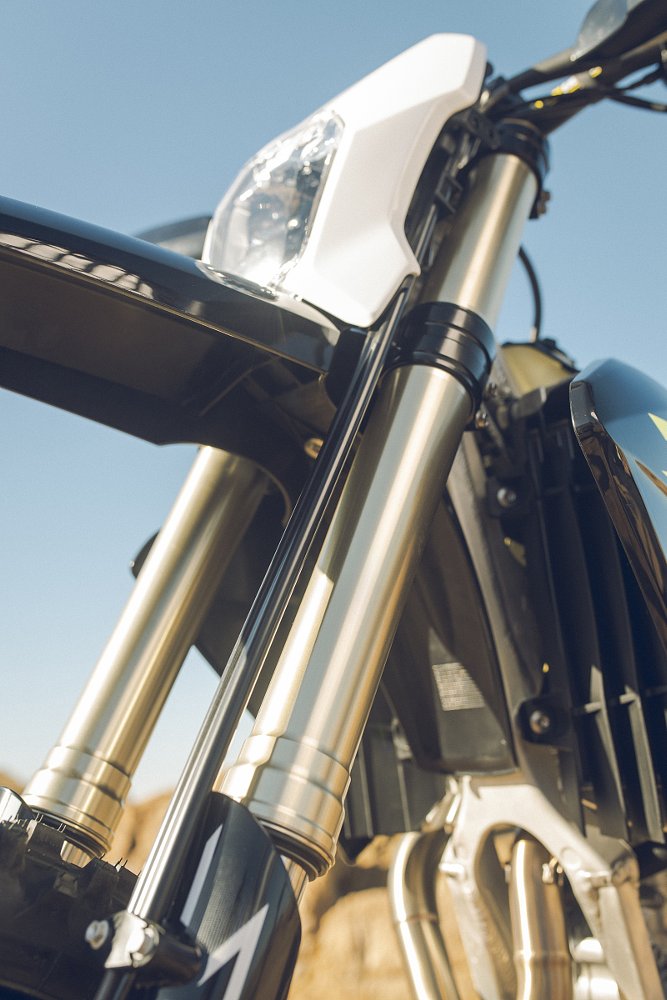 close view of the front fork on the TF 450-E