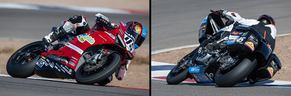 side by side photos of Petersen riding the Ducati and the Indian in testing