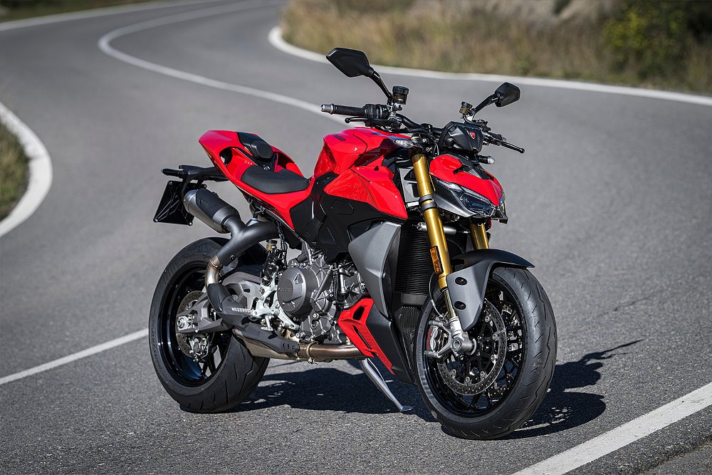 The 2025 Ducati Streetfighter V2 S staged on a curvy mountain road.