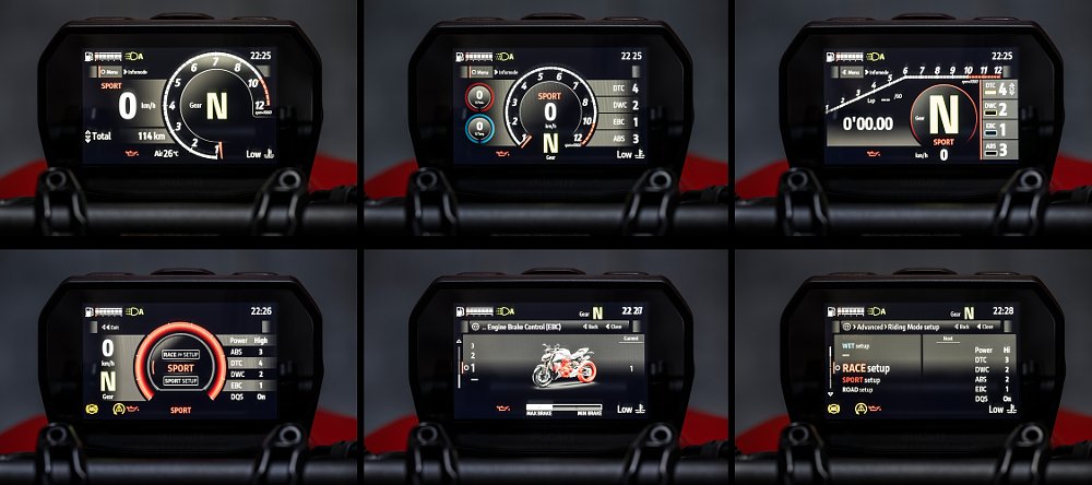 Six images of the TFT dash's three info modes and various submenus.