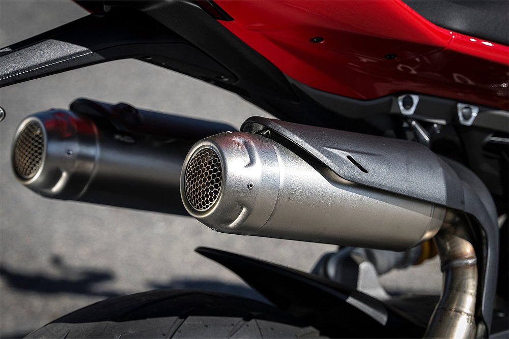 The Streetfighter V2's exhaust silencers captured in close-up.