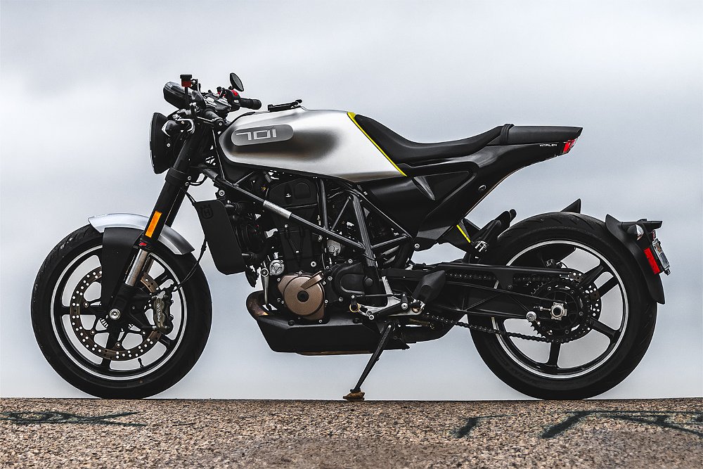 A left profile shot off the Husqvarna Vitpilen 701 neo-cafe racer.