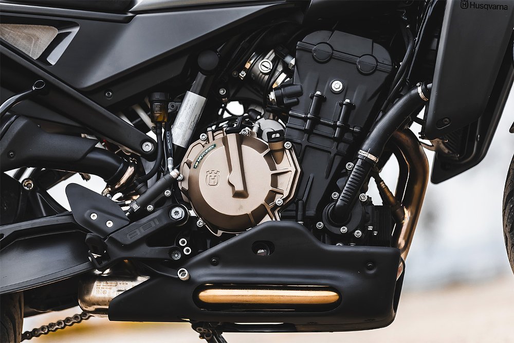A shot of the Husqvarna Vitpilen 801's 799 cc parallel-twin engine.