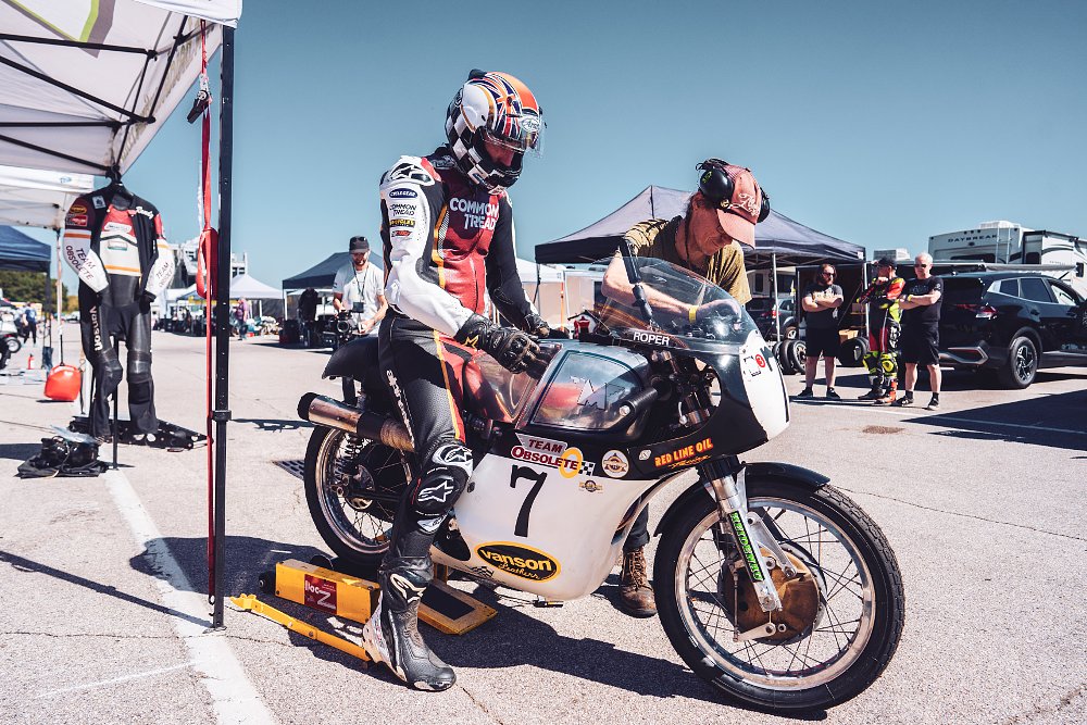 Matchless G50 sitting on starting rollers in the paddock of Barber Motorsports Park.