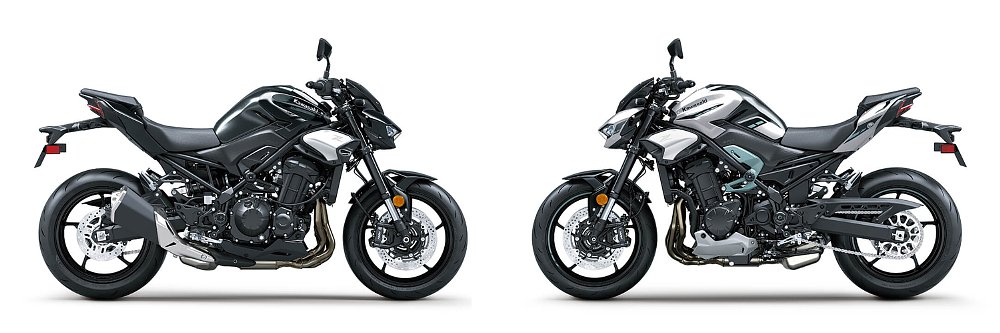 Two versions of the base model Kawasaki Z900 shot against a white background.