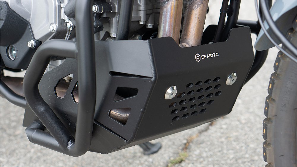 A close-up shot of the Ibex 450 project bike's sturdy skid plate.