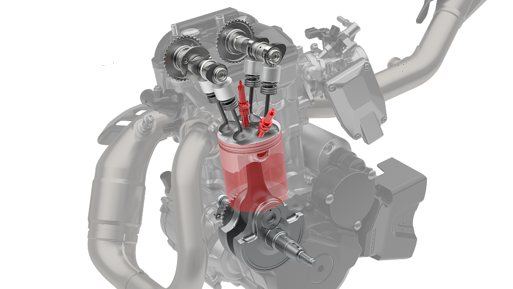 2025 Suzuki DRZ4S engine CAD drawing showing dual spark plugs.