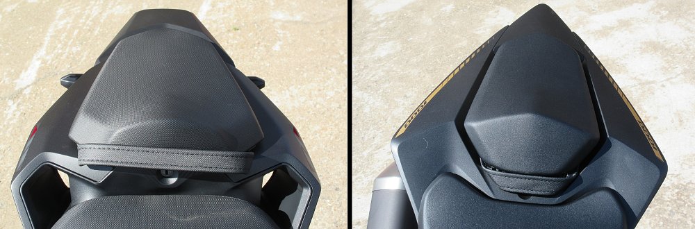 two photos of the tail sections of the two Hornet motorcycles, with the passenger seat on the 750 larger