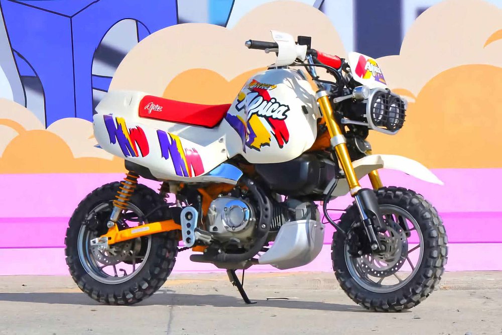 Monkey minibike with bolt-on kit in white, red, blue, and yellow to mimic an Africa Twin rally bike