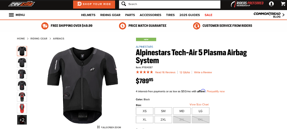A screenshot of the Alpinestars Tech-Air 5 Plasma on RevZilla's website.