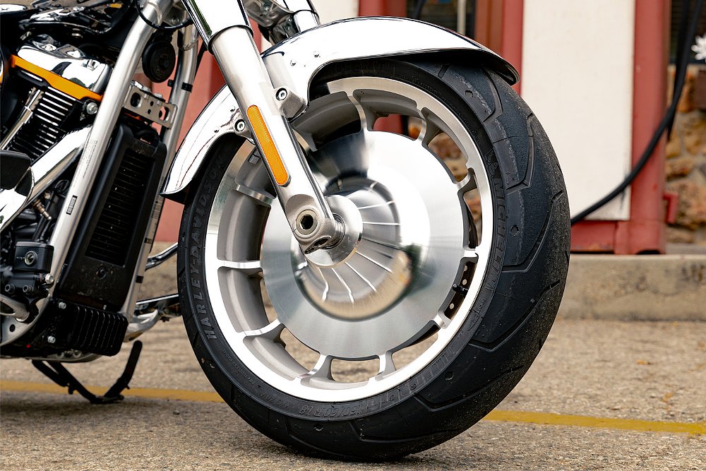 A close-up of the Fat Boy's front disc wheel.