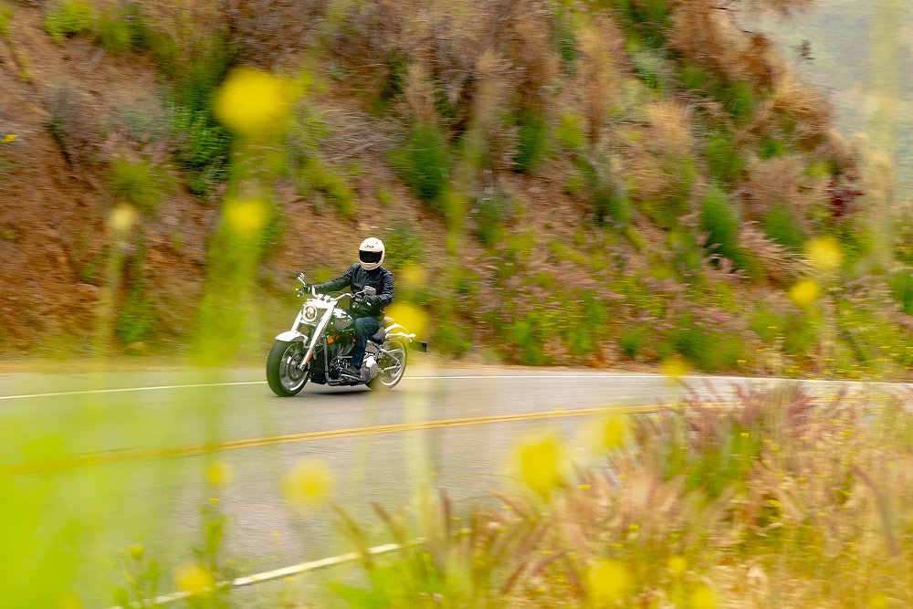 Dustin rides the Fat Boy Gray Ghost through the Malibu canyons.