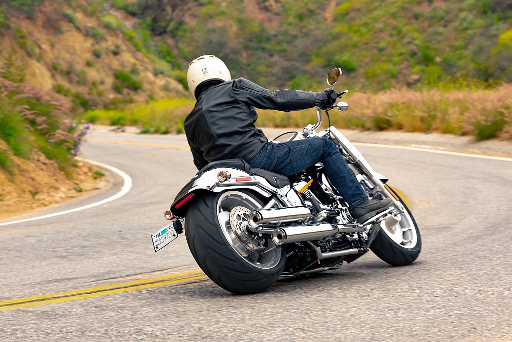 Dustin leans the Fat Boy Gray Ghost into a turn.