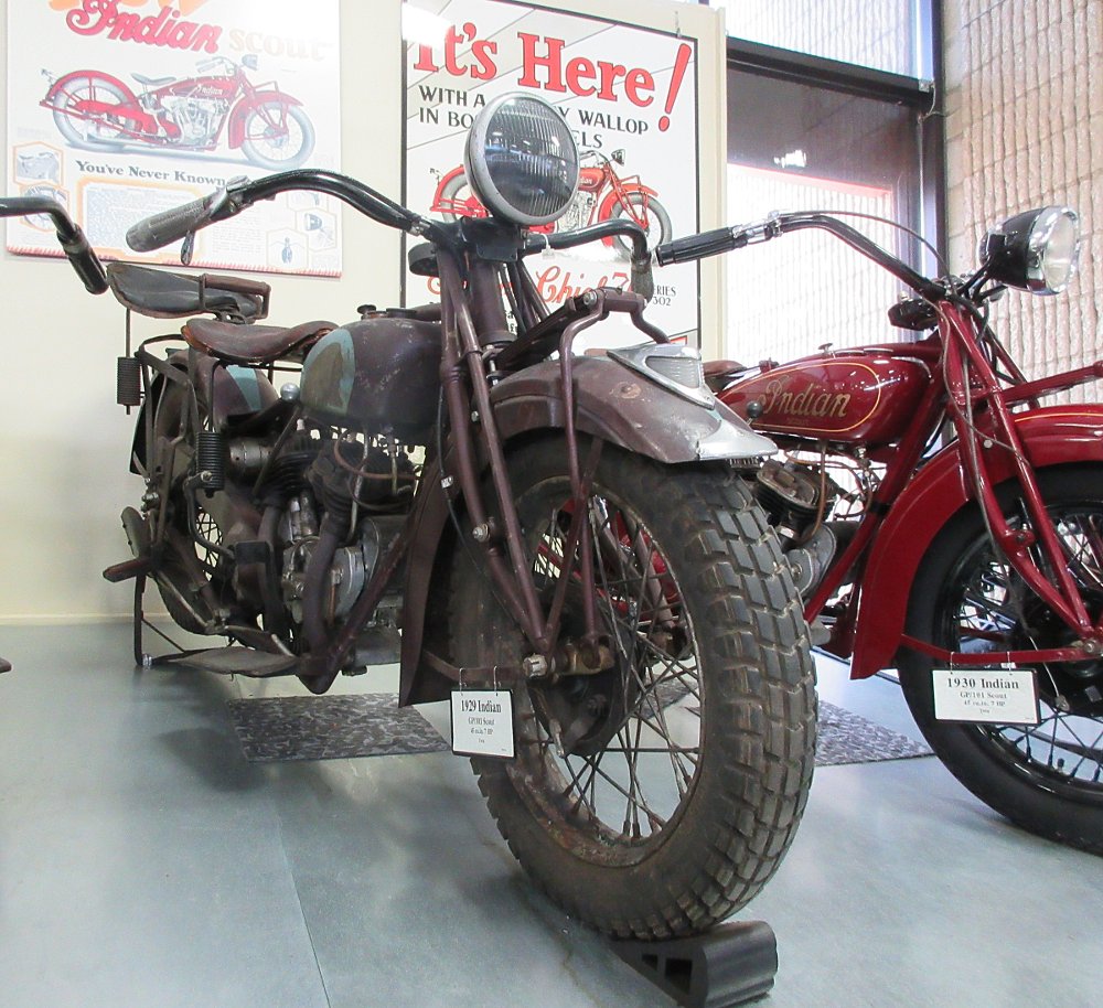 unrestored 1929 Indian Scout on display at Motorcyclepedia