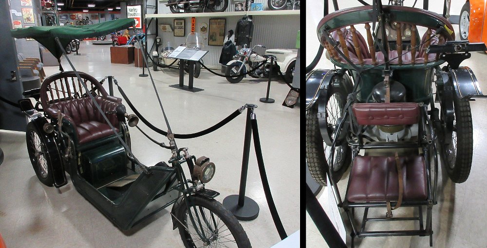 A three-wheel electric vehicle with a cloth roof and a rear-facing child's seat on the back