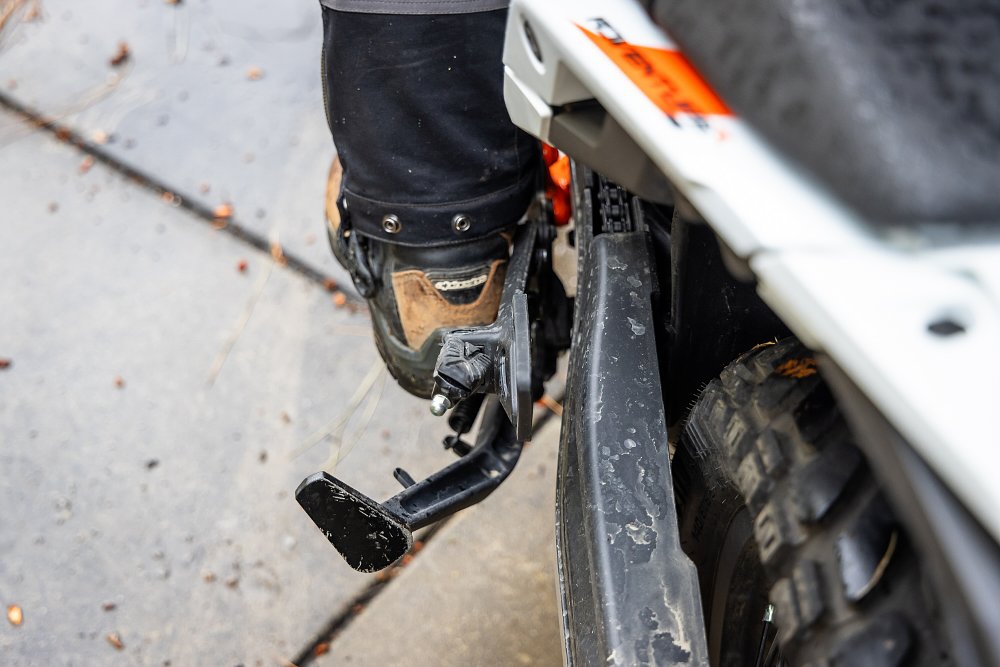 2025 KTM 390 Adventure R kickstand detail.