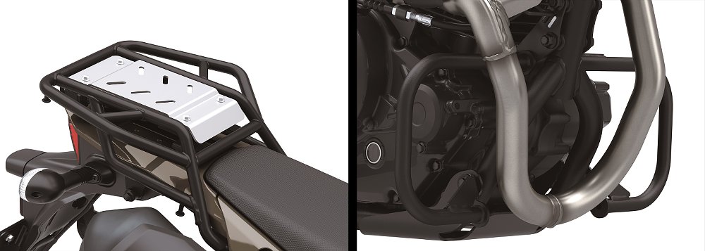 A split shot of the KLX230 DF's rear luggage rack and lower engine guard.