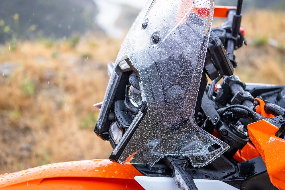 2025 KTM 390 Adventure R windshield detail.