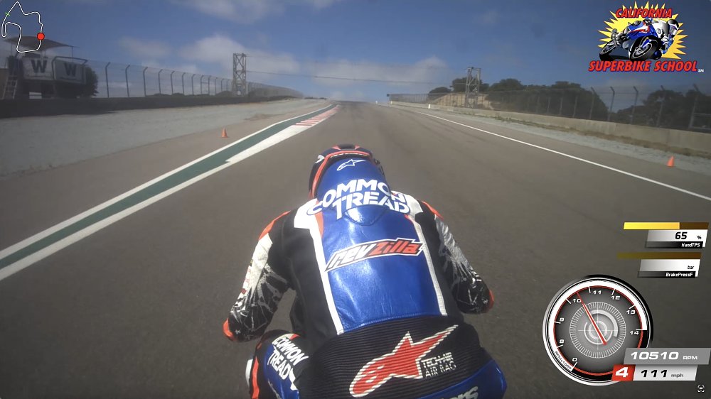 On board a BMW S 1000 RR during California Superbike School at Laguna Seca Raceway.