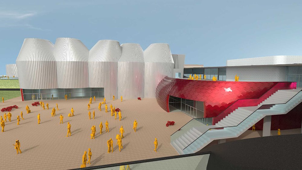 A rendering of Moto Guzzi's remodeled Mandello Del Lario factory.