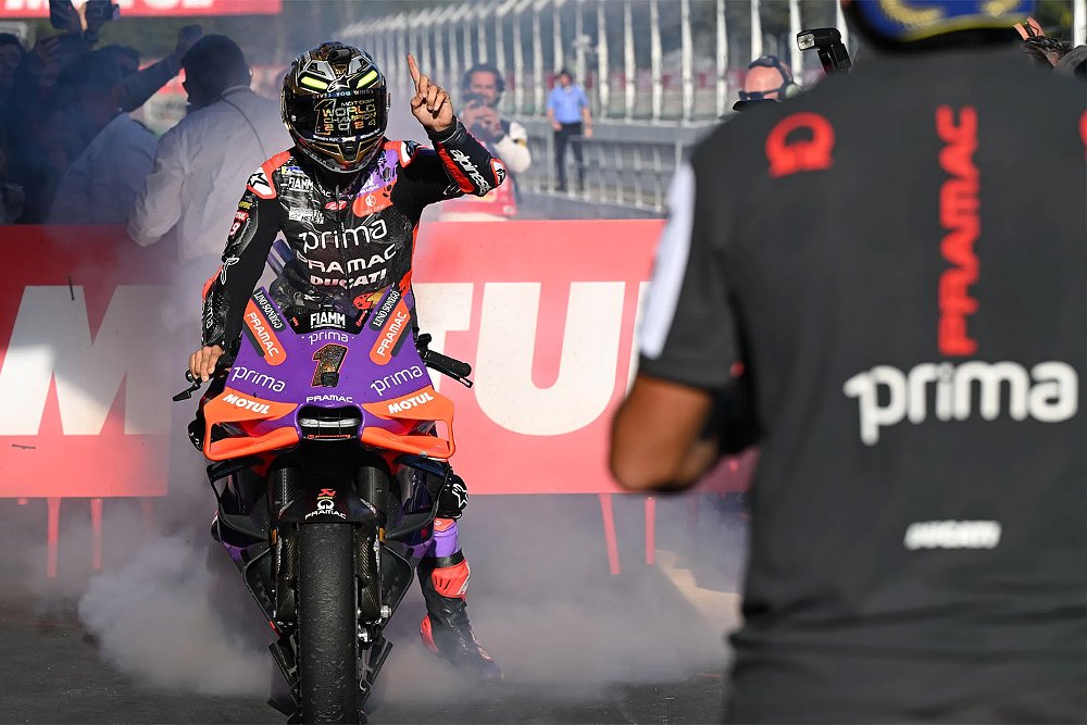 Jorge Martin performs a burnout while celebrating his 2024 MotoGP Championship.
