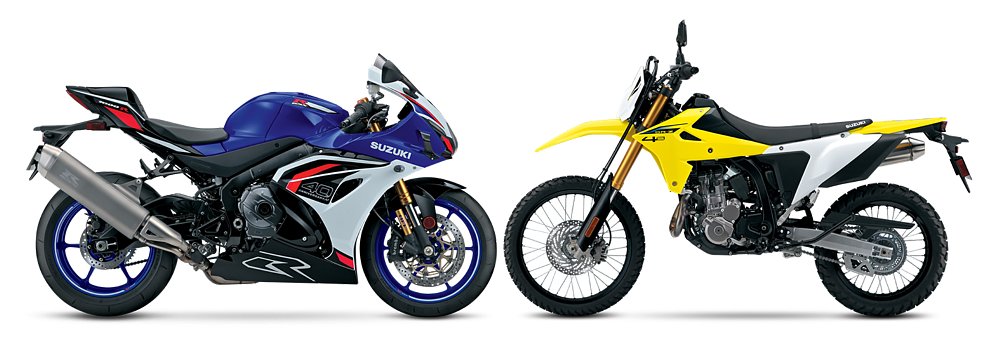 The 2026 Suzuki GSX-R1000 and DR-Z4S staged wheel-to-wheel against a white background.