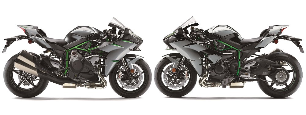 The Kawasaki H2 and H2 Carbon staged wheel to wheel. 