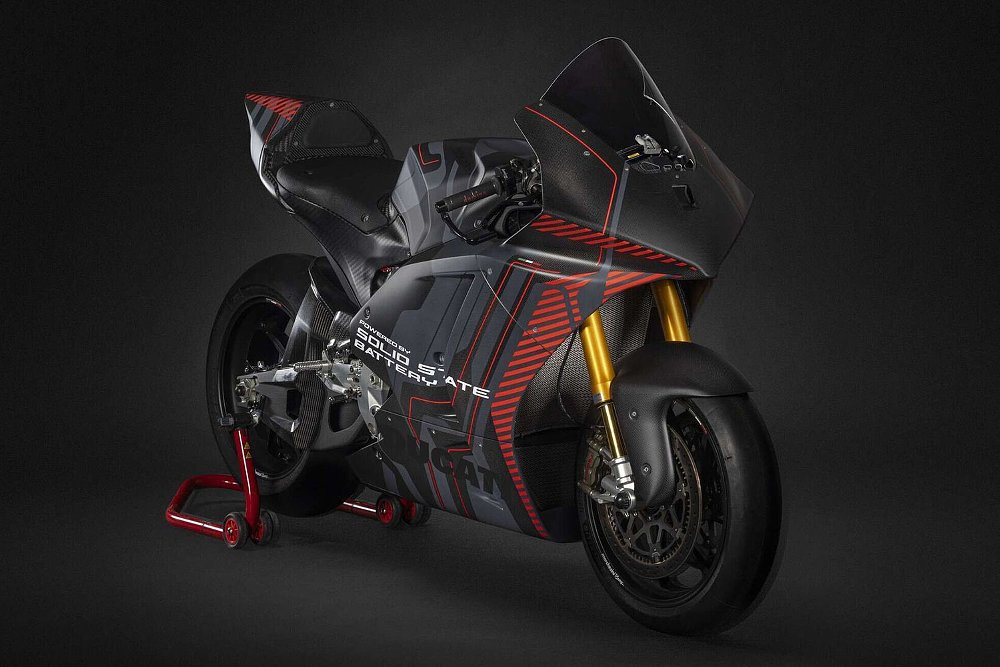 A front-right view of Ducati's solid-state battery-powered V21L race bike.