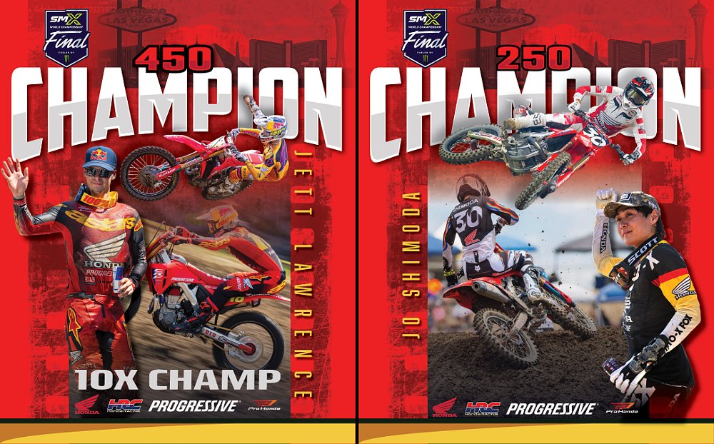 posters celebrating Jett Lawrence and Jo Shimoda winning the SMX championships