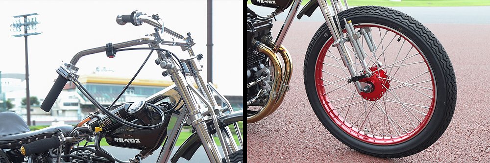 Close-ups of an auto race motorcycle's asymmetric handlebars and peaked tires.