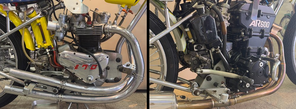 Close-ups of Triumph's T-120 and Suzuki's AR600 parallel-twin engines inside auto race chassis.