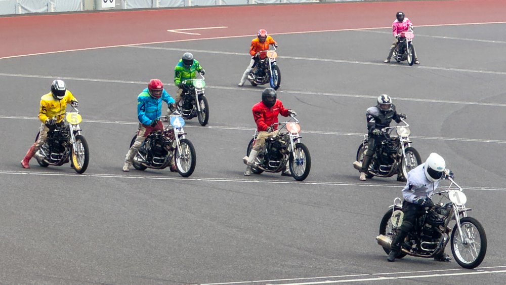 Auto racers lined up on the starting grid at the beginning of a heat race.