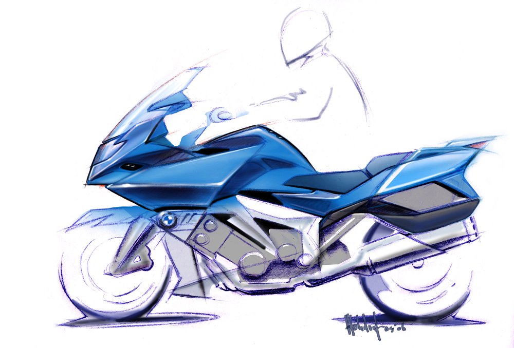 A design drawing of BMW's then-unreleased 2010 K 1600 GT sport-touring motorcycle.